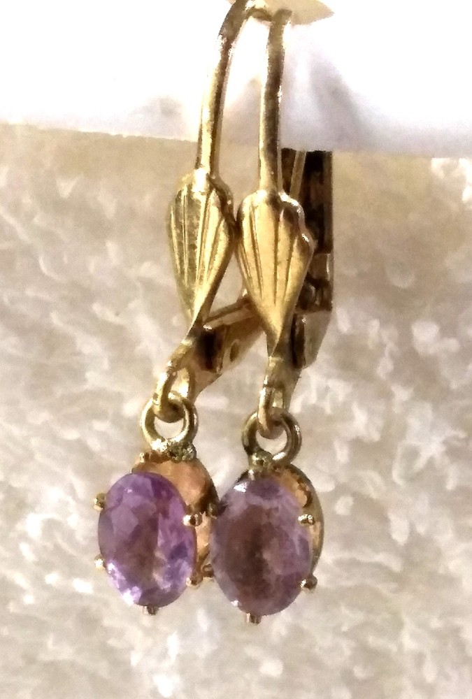 Vintage Earrings Gold-tone with Lavender Oval Stones Drop Dangle Leverback