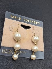 Vintage Sarah Coventry Triple Faux Pearl Drop Dangle Earrings Gold Tone