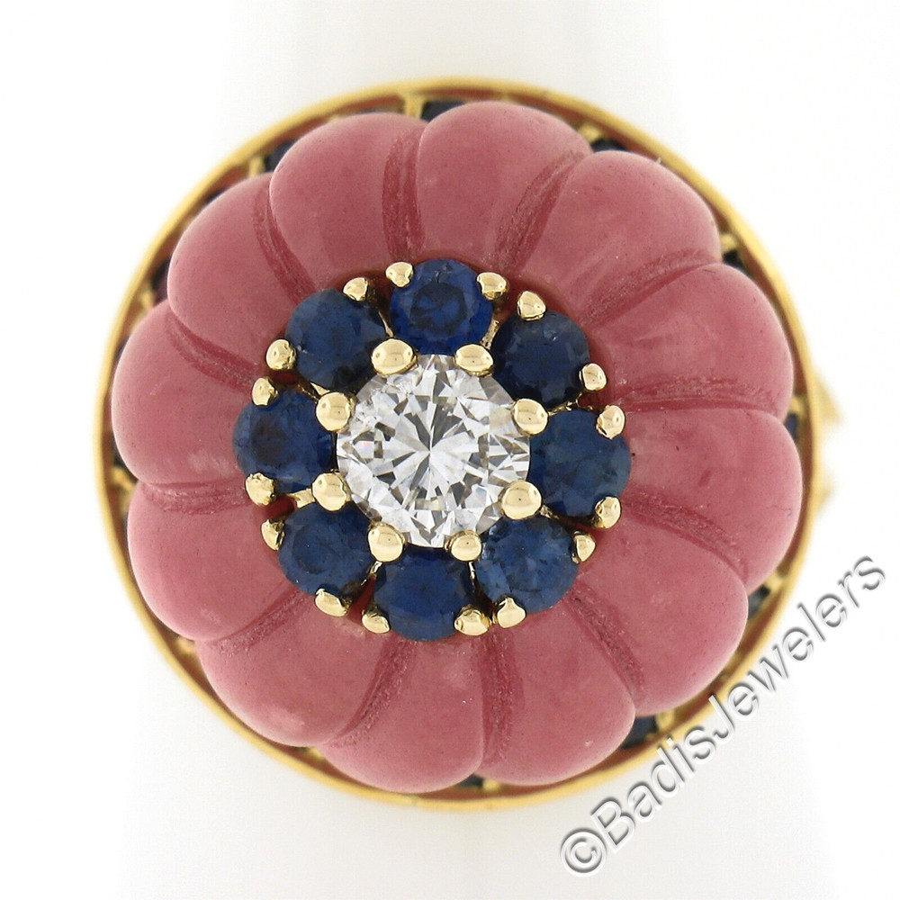 Gold Carved Rose Quartz 1.52ctw Sapphire & Diamond Flower High Profile Ring