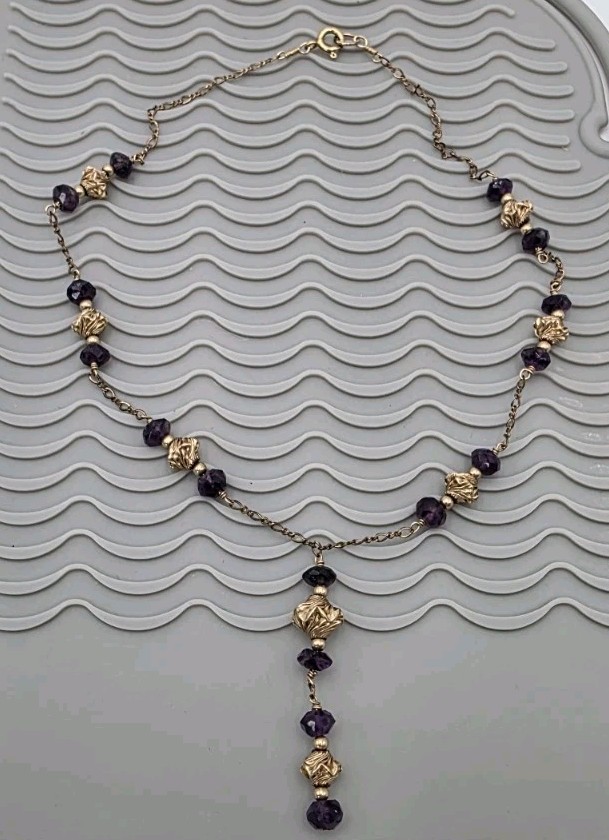 Unique Vintage Gold Filled Purple Beaded Necklace 1/20, 14k