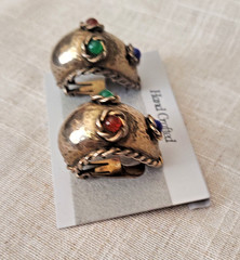 Vtg LES BERNARD Clip Earrings Antiqued Gold Tone Multicolor Rhinestone Cabochons