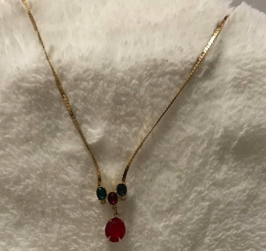 Vintage Gold Tone Red Green Blue Glass Pendant Necklace Rhinestone Accent 18”