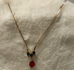 Vintage Gold Tone Red Green Blue Glass Pendant Necklace Rhinestone Accent 18”