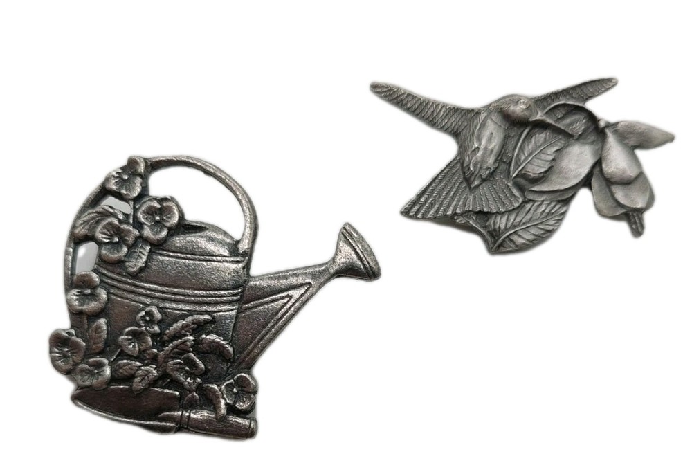 Birds and Blooms Floral Pewter Brooch Pins Limited Edition Vintage Lot of 2