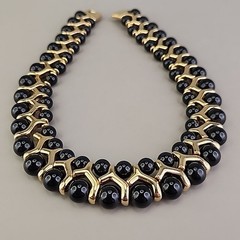 Vintage Beaded Necklace Black Gold Tone Collar Choker SHORT 14.5″