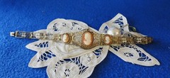 Antique 800 Silver Gold Plated Filigree 3 Natural Shell Cameo Bracelet 7″ 13.5g