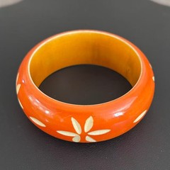 Vintage Carved Wood Bangle Bracelet Orange Hand Painted Floral Boho Ethnic