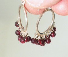 90s Estate Almandine Garnet Bead Fringe Sterling Drop Post Hoop Earrings