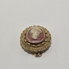 Vintage Faux Cameo Locket Mona Lisa Gold Tone & Pink Dimensional ~1 1/8″