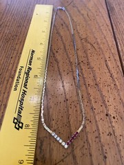 Vtg Gold Plated V Shape Necklace Red And Clear CZ Rhinestone Classic 8.5 In