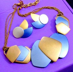 VTG RUNWAY DECO MONET “ALL THAT JAZZ” METALLIC BLUE GP NECKLACE EARRINGS ’85