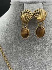 Egyptian style Carved scarab & Gold Tone Shell Interchangeable Necklace Set 12pc
