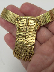 Whiting & Davis Fringe Buckle Necklace Vtg Gold Plated Mesh Metal 17″ Band 1/2″