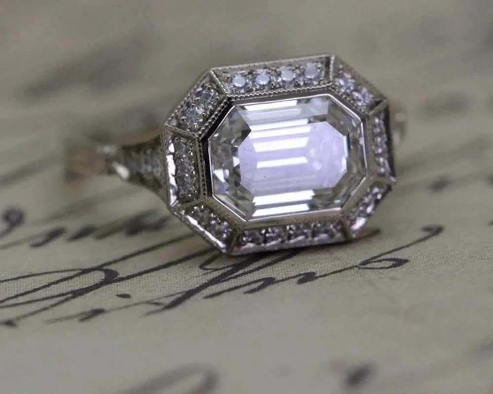3CT Emerald Cut Lab Created Diamond Vintage Octagon Halo Wedding 925 Silver Ring