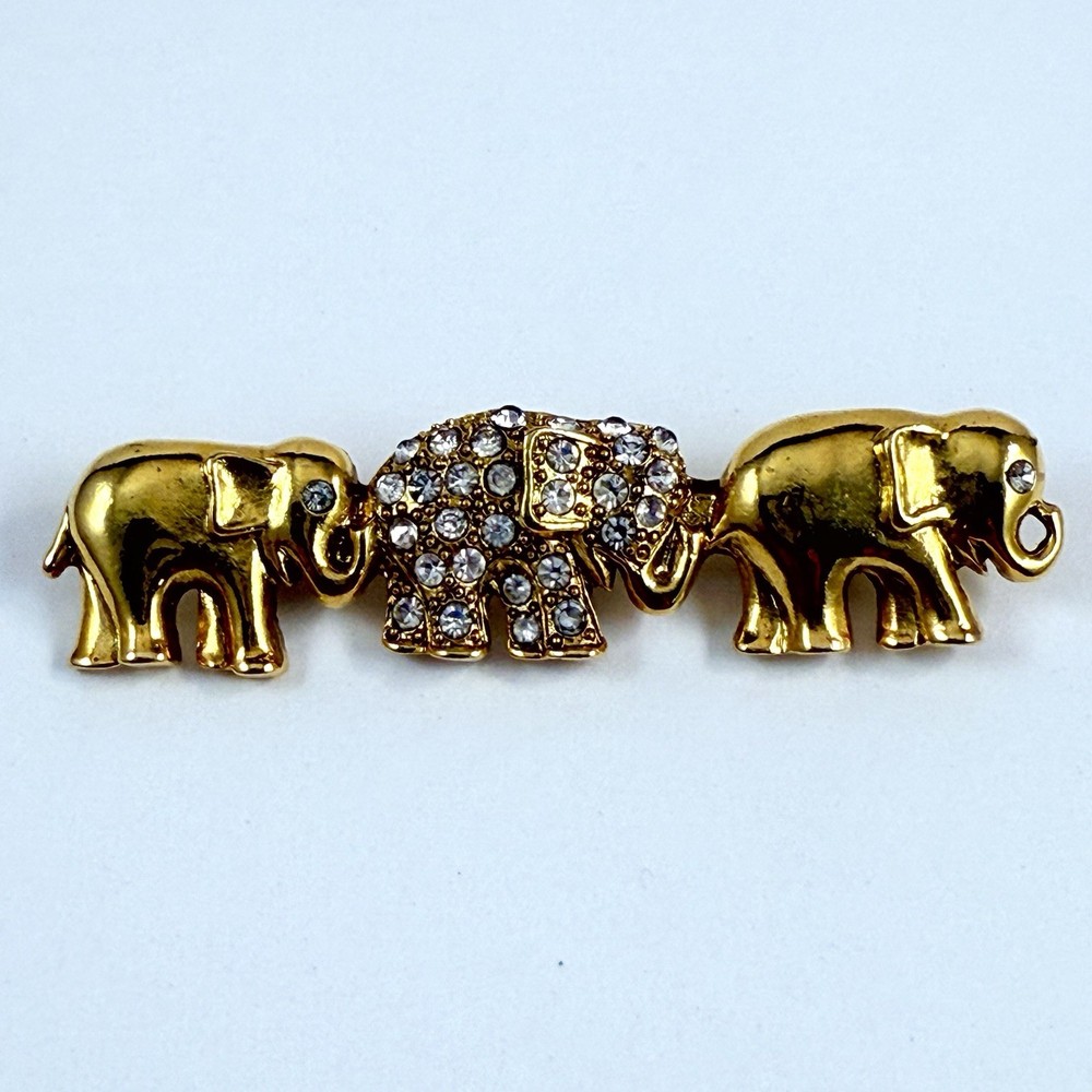 Vintage 1928 Brand Sparkly Crystal Elephant Gold Tone Brooch Estate Pin