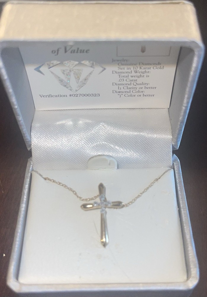 Vintage Small 10K Solid Gold Cross Pendant With Diamonds & Thin Chain NEW