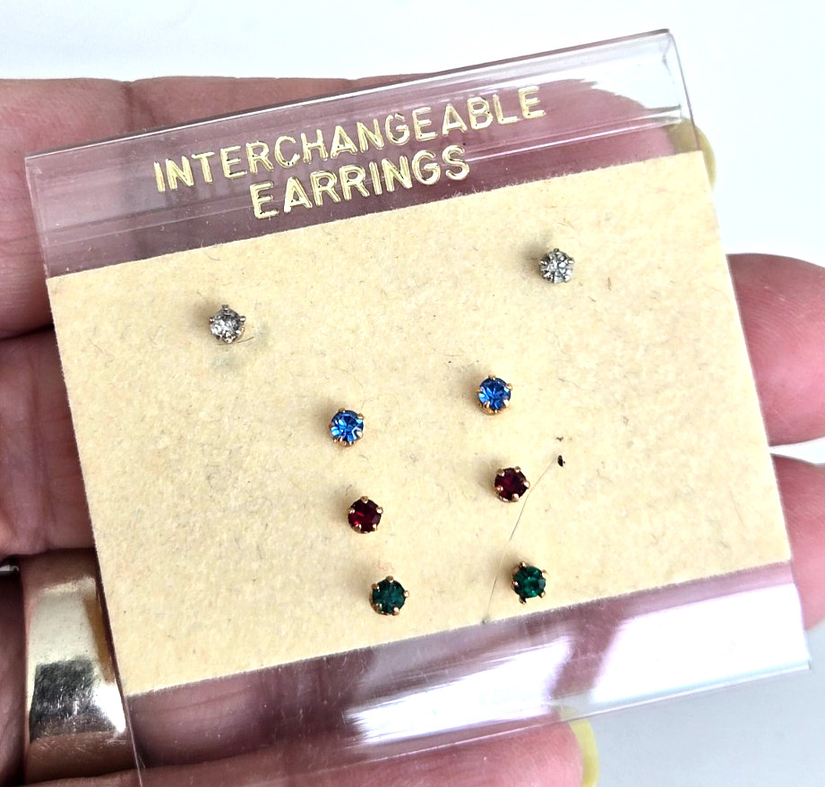 Vintage Clear Blue Red & Green Rhinestone Stud Pierced Earrings 2.5mm in Card