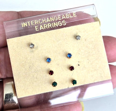 Vintage Clear Blue Red & Green Rhinestone Stud Pierced Earrings 2.5mm in Card