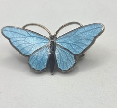 Vintage Mid-Century Blue Guilloche Enamel Gold Tone Butterfly Pin Brooch Dainty