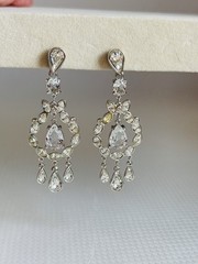 Vintage Swarovski Brand Rhodium Plated Crystal Chandelier Dangle Clip Earrings