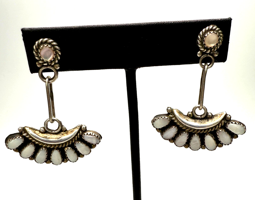 Vintage Sterling Silver & Mother of Pearl Fan Dangle Earrings With LMB Hallmark