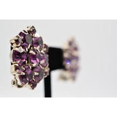 Vintage Purple Crystal Clip On Earrings Round Prong Silver Chunky 1960s BinAG