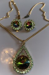 Vintage Juliana Style Watermelon, Rivoli Green Rhinestone Pendant Earrings Set