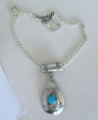NAVAJO? STERLING PENDANT NECKLACE by AT, 2 1/2 INCHES PENDANT, 19 INCHES CHAIN