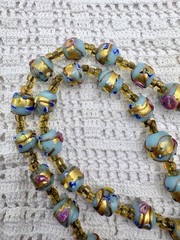 Vintage Murano Venetian Sky Blue Wedding Cake Fiorato Gold Foil Necklace 19”