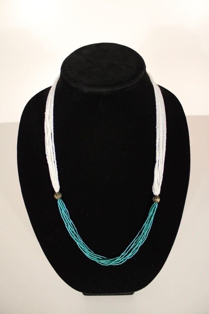 Beaded Necklace Dark Blue Green White 26″ 26 in 8 Strand Tiny Seed Bead Handmade