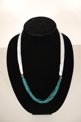 Beaded Necklace Dark Blue Green White 26″ 26 in 8 Strand Tiny Seed Bead Handmade