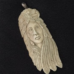 Vintage Native American Woman Eagle Carved Buffalo Bone Pendant