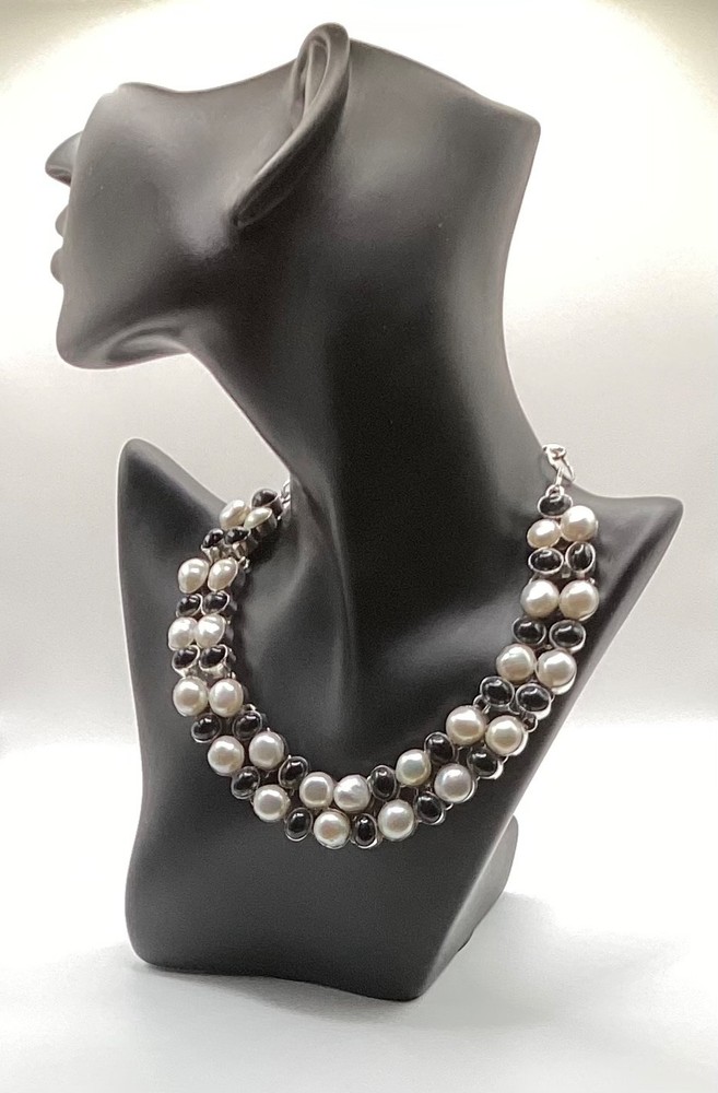 Vintage Sterling Silver 925 Pearl and Black Onyx Collar Necklace Elegant Estate