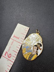 Vintage Cloisonné Enamel Asian Lady Pagoda Scenic Pendant Gold Tone Charm Estate