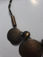 Vtg. Brass, Copper? Wood Beads Tribal Necklace, Large Round Disks