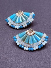 Vintage Aqua Blue Beaded Rhinestone Fan Earrings