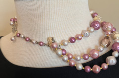 Vintage 1950s Pink Cream Swirl Beaded Triple Strand Necklace Signed Japan Retro
