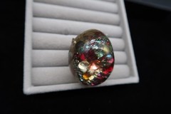 Vtg Domed Confetti Gold Tone Acrylic Resin Artist Made Adjustible Ring Fireworks