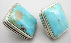LOVELY VINTAGE STERLING SILVER TURQUOISE CABOCHON RECTANGLE STUD EARRINGS 11.5G