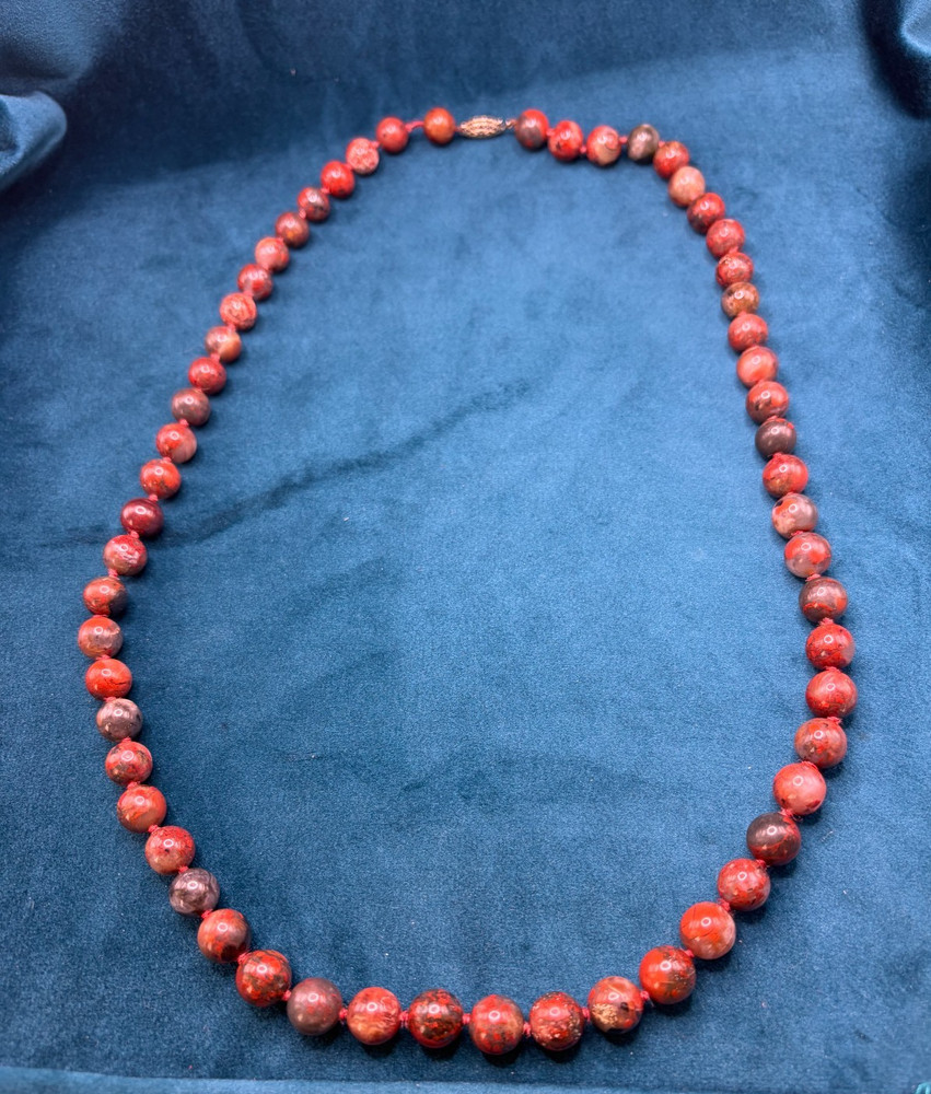 Vintage Hand Knotted Beaded Jasper Necklace Brecciated 14k GF Clasp 24″