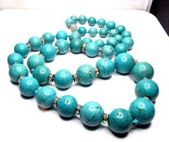 Vintage Turquoise Howlite Necklace BIG Bead Long Heavy