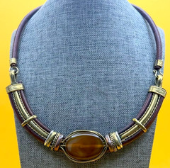 Antique Gold Tone Leather & Oval Brown Stone Choker Necklace Vintage