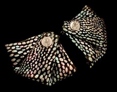 Vintage Iridescent Fan Material W/ Beaded Inset Rosette Stud Earrings 1 1/2” L