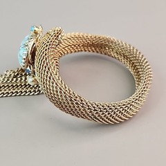 Vintage Mesh Wrap Bracelet Blue Glass Confetti Cabochon Gold Tone Tassel 6.75″