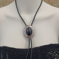Western Bolo Tie Black Onyx Sterling Silver Cowboy Cowgirl Statement Handmade