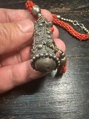 Vintage Nepal Prayer Box Necklace, Himalayan Ghau Amulet Pendant with Red Glass