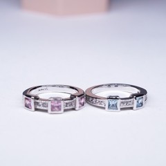1990’s 18K White Gold-Plated Pink and Blue square stone 2 ring stack