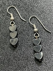 Vintage 1.5” Silver Hematite Gemstone Heart Beaded Dangle Earrings