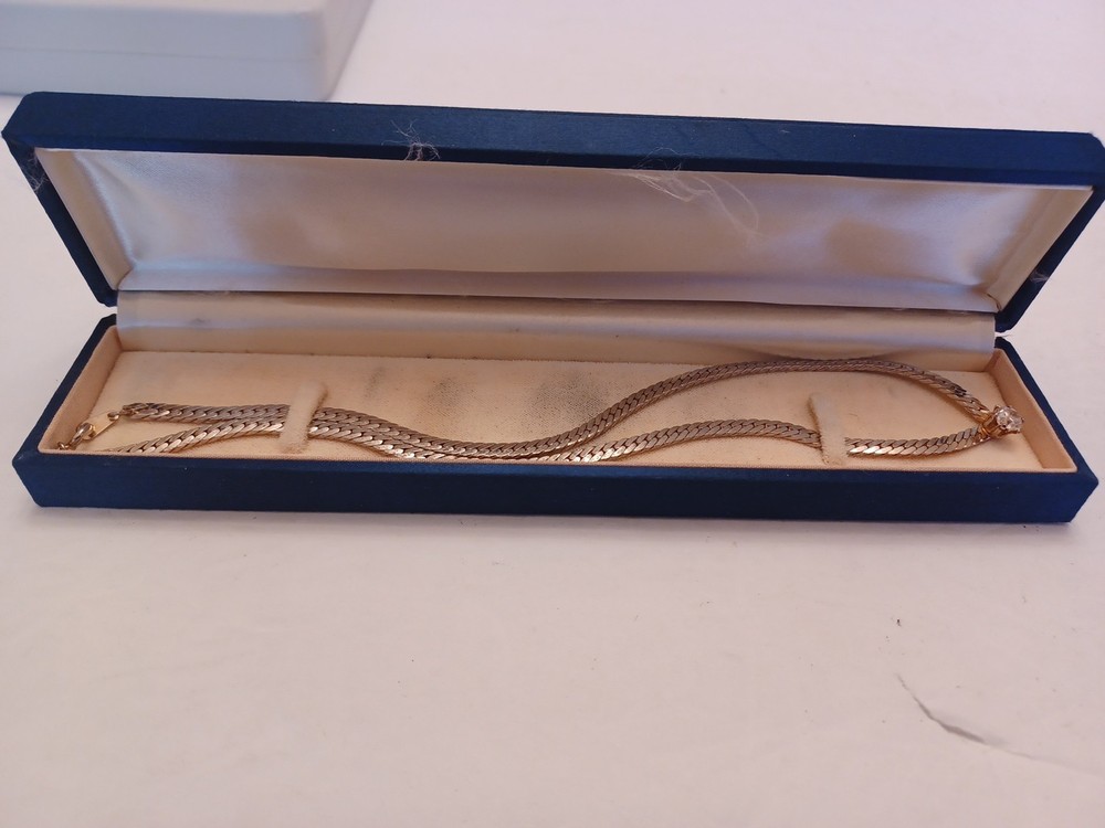 GOLD TONE 16″Necklace Braid Style Chain Link W/Single Cubic Zirconia FREE SHIP