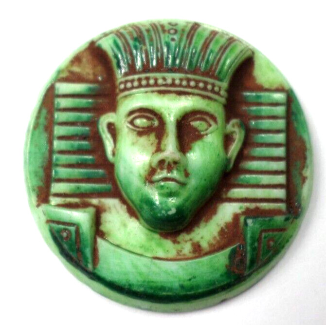 Vintage Czech Egyptian Revival Green King Tut Pharaoh Round Cabochon, Cab, 30mm
